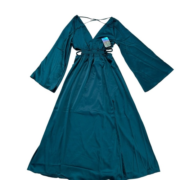 Justify Green Teal Long Sleeve Slit V-neck Maxi Dress Size M - Picture 4 of 17